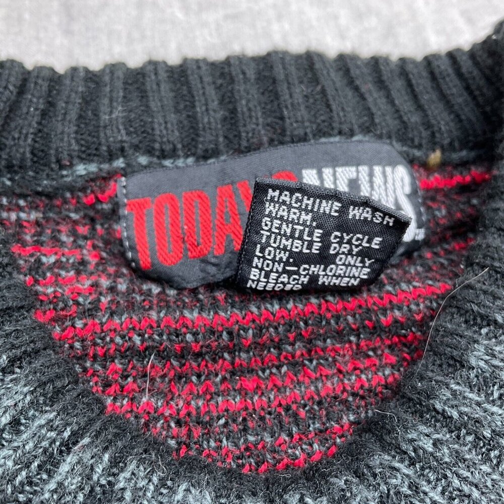 Todays News Sweater Men Large 42 Red Gray Black‎ Diamond Acrylic 80s 90s VTG - Picture 4 of 11